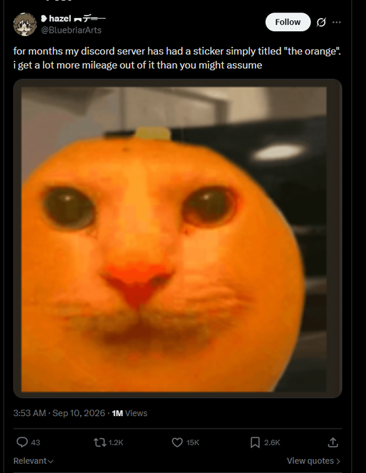 cryptoWander4r's tweet photo. New "cat pfp cult" taking over the internet, this is so good!!!

It started when a discord turned a cat meme into an orange and now they are making cat pfp's for every kind of fruit!!!

The trend is called "fruitcats"

2M+ VIEWS, this is the perfect time to run a meme pfp coin, we havent had something this genny in ages!!!

Original tweet: https://t.co/xiKnrTNWtA

Check the comments👇

https://t.co/s62mVsavLR