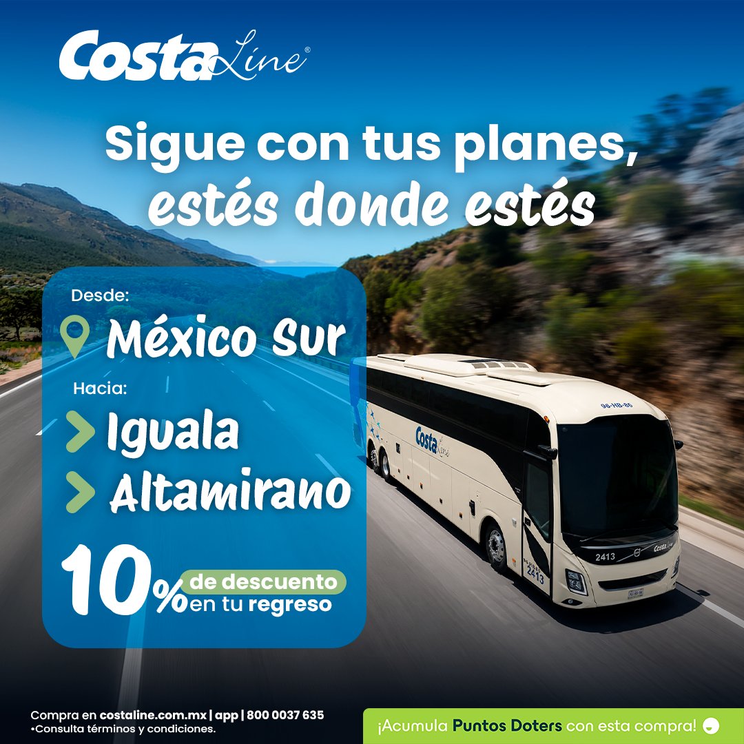 CostaLine_AERS's tweet photo. 🚌💙 El mejor viaje comienza con un trayecto cómodo.
Sal desde México Sur rumbo a Iguala o Altamirano y disfruta cada kilómetro con Costa Line.

📱 https://t.co/PpbNQZiTBP

#CostaLine #Iguala #Altamirano #ViajaConCostaLine #Guerrero https://t.co/OYrbL9Txxw