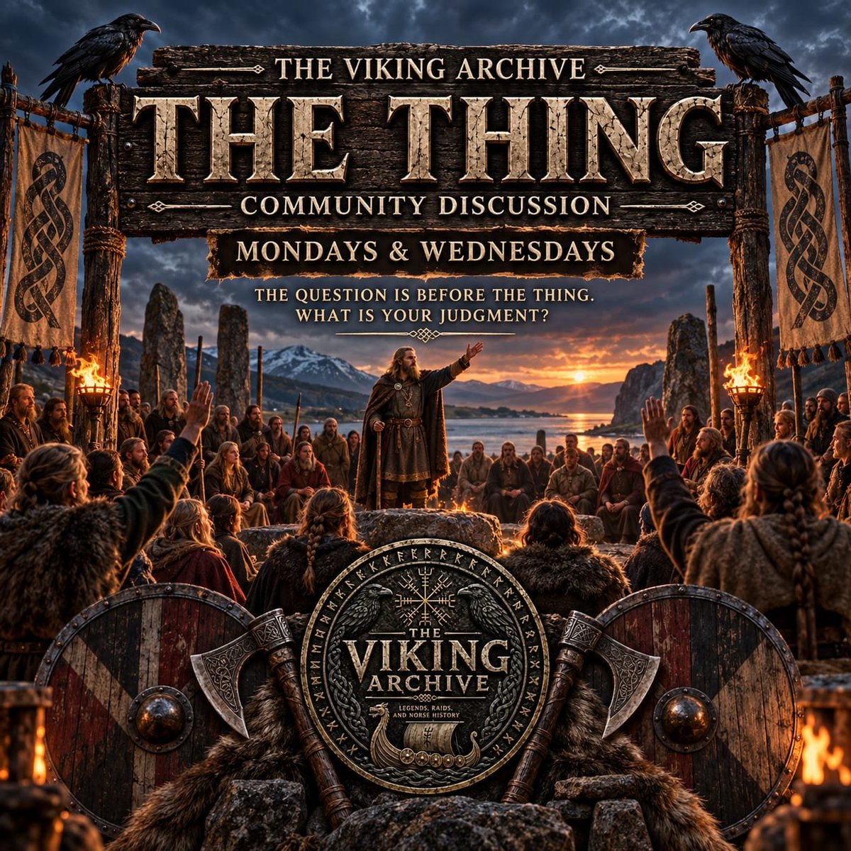 VikingArchive's tweet photo. SOMETHING NEW IS COMING TO THE VIKING ARCHIVE

Next Monday, The Viking Archive will open a new community discussion segment:

THE THING

In the Viking Age, The Thing was an assembly where people gathered to address laws, disputes and matters affecting their communities.

Now, we are borrowing that ancient idea for something new.

Every Monday and Wednesday, we will bring one question before The Thing.

Some will come from Norse mythology.

Some from Viking history.

Others will confront the difficult questions hidden inside the sagas, religion, warfare, exploration, law, honor, leadership and everyday life.

Was Odin a wise ruler—or a dangerous manipulator?

Could Ragnarök have been prevented?

Was Viking revenge justice—or a cycle that destroyed families?

Were the Vikings really more violent than the people they fought?

We will provide the historical or mythological background.

You provide the judgment.

There will not always be one simple answer—and that is exactly the point.

Whether you agree, disagree or see something everyone else has missed, bring your argument to the assembly.

Respect the history.

Respect different beliefs and interpretations.

And respect the people debating beside you.

The Thing will run across our Facebook page, Instagram page, TikTok, YouTube Community and X. Choose whichever platform suits you best, join the discussion and enjoy The Thing with the wider Viking Archive community.

Next Monday, The Thing is called into session.

Mondays & Wednesdays

The evidence will be presented.
The question will be asked.
The judgment belongs to you.

Welcome to The Thing.

#TheThing #VikingHistory #NorseMythology #NorseHistory #TheVikingArchive
