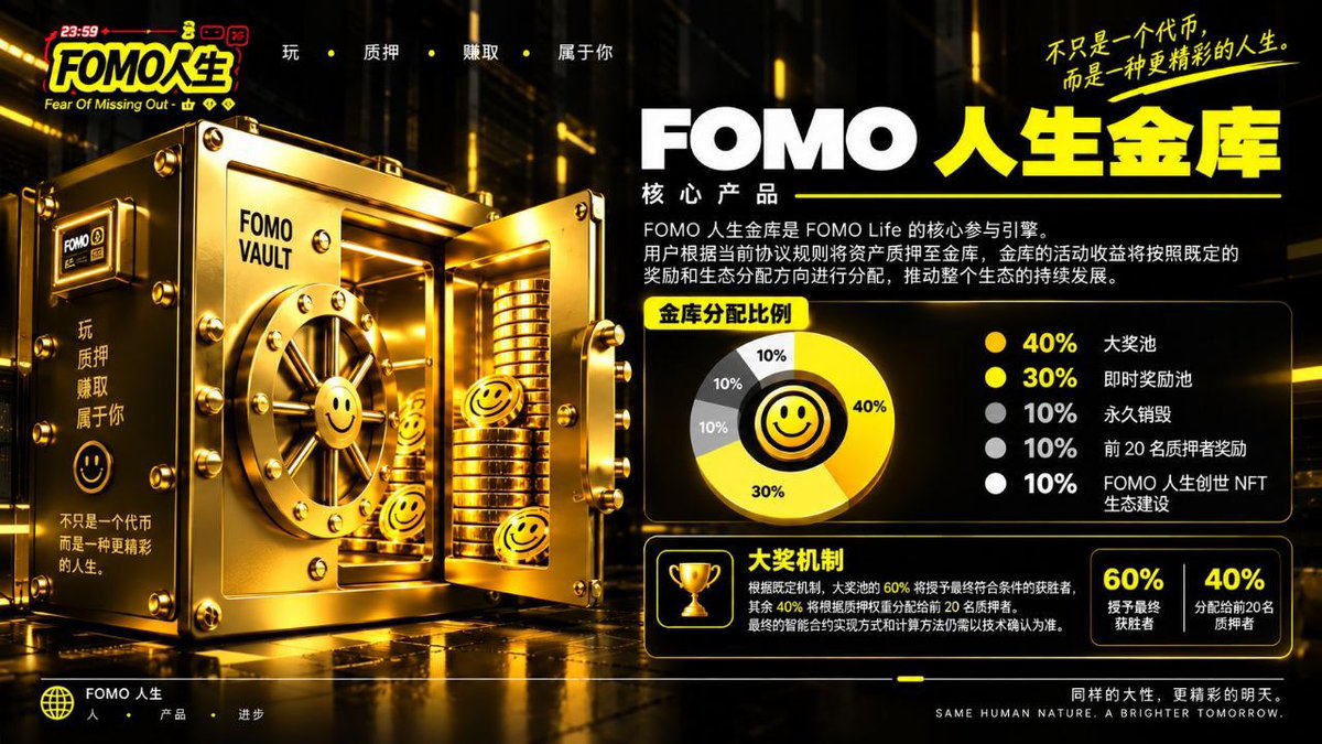 FomoLife_2026's tweet photo. FOMO金库｜Eternal Vault
—— 社区联合坐庄，链上永续分红飞轮

没有项目方，没有预留，没有CEO。
FOMO人生（FOMO Life）由全球持币社区共同驱动，合约全链开源，流动性永久锁定。治理权、叙事权、分配权，全部交给链上共识。

这不是一个项目，而是一场社区联合坐庄的链上实验。

🔥 核心机制：买卖即通缩，交易即分红

买卖税 3%
每分钟自动拉盘 0.003 BNB，持续注入买盘动能。

税收分配：

· 50% 黑洞销毁 —— 极致通缩，流通量只减不增
· 49% 质押分红 —— 回馈质押用户，真实到账收益
· 1% 全链地址裂变 —— 持币地址自动裂变，社区自扩散

🔐 FOMO金库｜Eternal Vault 质押分配规则

质押即参与生态分配，权重决定收益：

· 40% 终局头奖池 —— 归属最后一名质押者，赢家通吃
· 30% 即时分红池 —— 按质押权重实时分配本币
· 10% 黑洞永焚 —— 直接打入黑洞地址，永久退出流通
· 10% 质押最多前二十名 —— 按权重分红，激励头部共识
· 10% NFT分红 —— 激励生态核心贡献者

质押入口： Flap蝴蝶官网 → 输入合约 → 点击税收详情 → 质押

🎏 为什么现在必须关注？

每一次质押，都在锁定筹码。
每一次领取，都在验证分红。
每一次裂变，都在扩大共识。

社区联合坐庄的本质：
没有庄家收割，只有社区共治。
没有中心化承诺，只有代码执行。
没有路线图画饼，只有通缩分红飞轮。

通缩 + 质押 + 分红 + 裂变 = 链上永续飞轮

🌐 治理与愿景

FOMO人生没有CEO，没有路线图，只有代码与共识。
治理权归社区，叙事权归持币人，分配权归链上合约。

致敬每一位在恐惧中选择信仰的持币人。

#FOMO人生 #地推社区 #社区CTO