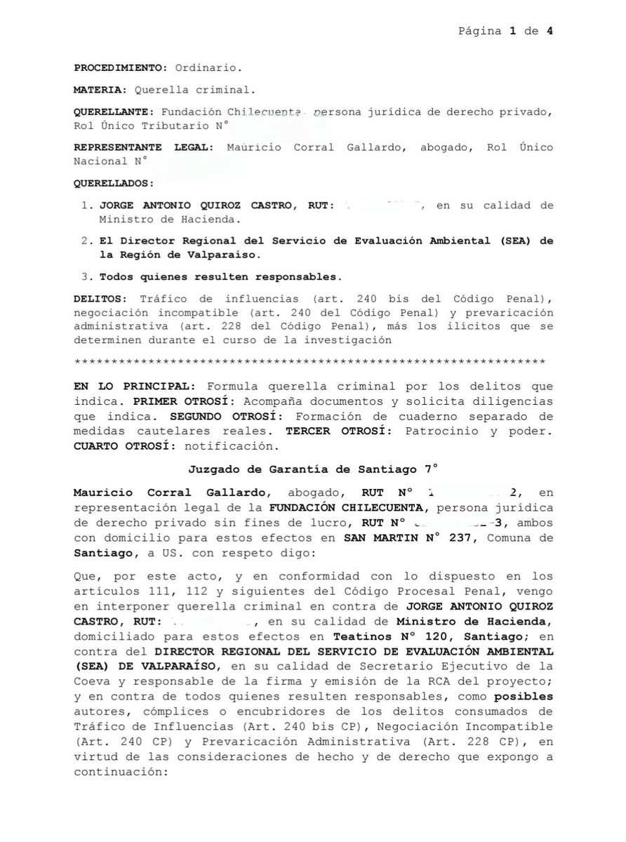 CarlosAmpuero's tweet photo. 🛑  QUERELLA CRIMINAL CONTRA MINISTRO QUIROZ 🛑

El día de ayer se acogió a trámite la Querella contra el Ministro Quiroz por Tráfico de Influencias ,Prevaricación y Negociación Incompatible ,En el Séptimo Tribunal de Garantía de Santiago. https://t.co/ttvvEiej4w