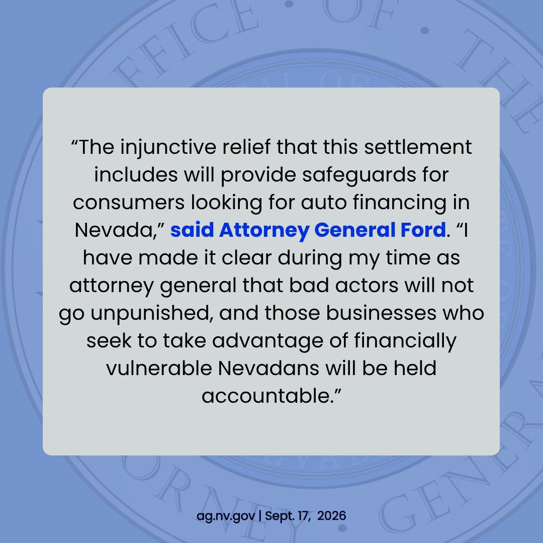 NevadaAG's tweet photo. Today, AG Ford and 40 other state attorneys general secured $694 million in cash and debt relief for consumers with auto loans through Credit Acceptance Corporation, one of the nation’s largest auto finance companies serving borrowers with limited or impaired credit. https://t.co/wuTr14iIk7