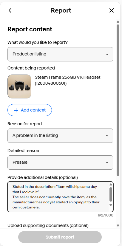 Kadentheavali's tweet photo. If you see someone trying to scalp a steam frame on ebay right now, REPORT IT!!!!

It's impossible for them to have one, so all of them are HUGE scam risks, and take up slots from the people who actually want the headset.
Presale also breaks ebay TOS.

For example: https://t.co/Xnpqdts4YJ