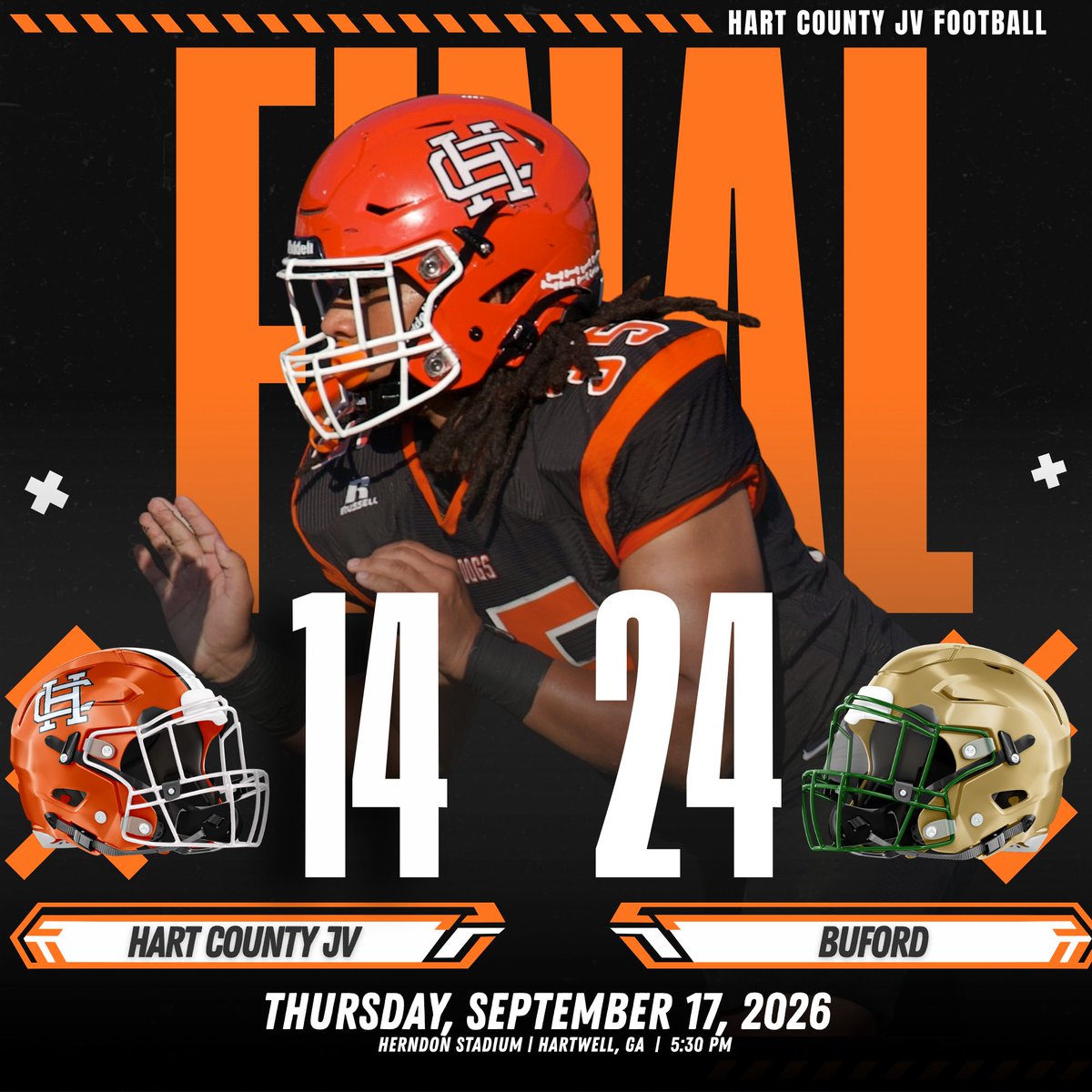 hartcountyfb's tweet photo. Final from the JV game at Herndon Stadium!
Hart County - 14, Buford - 24
#OneHartBeat #GoDogs https://t.co/jdsr2LEFjX