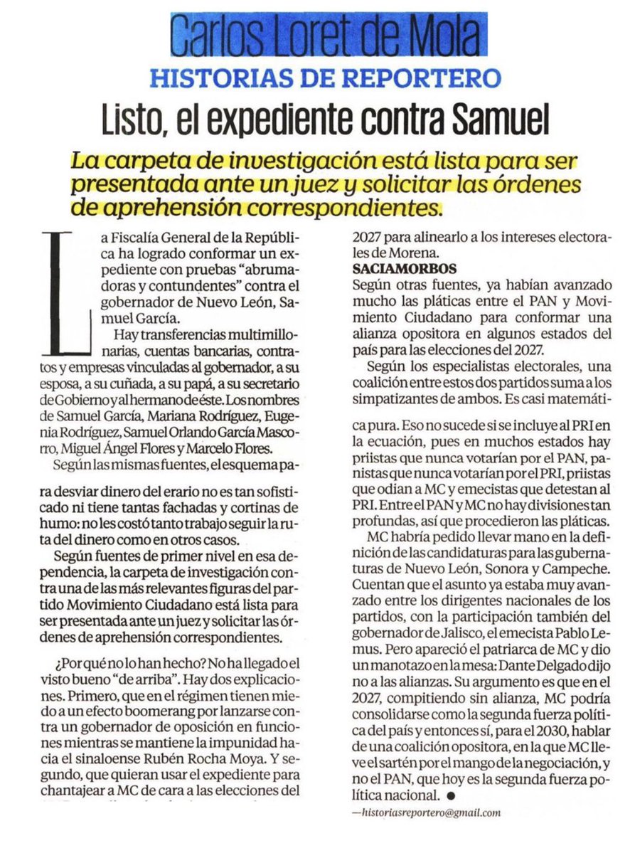 ApoloRegio's tweet photo. Hoy @CarlosLoret confirma en su columna lo que todos ya sabemos hace años en Nuevo León: la corrupción de @samuel_garcias no tiene precedentes en Nuevo León. 

Hasta la hermana de Mariana Rodríguez, la que dice que se hizo multimillonaria vendiendo gomitas de chile, está metida. https://t.co/ossJSOsxhO