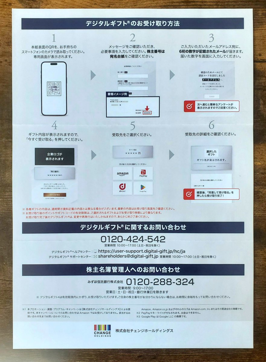 MaasStockLog's tweet photo. チェンジホールディングス(3962)から株主優待の案内を頂きました。1年以上継続保有してデジタルギフト8500円分🥹 使い勝手の良い優待うれしいです🤍 https://t.co/nq6R4g87z6