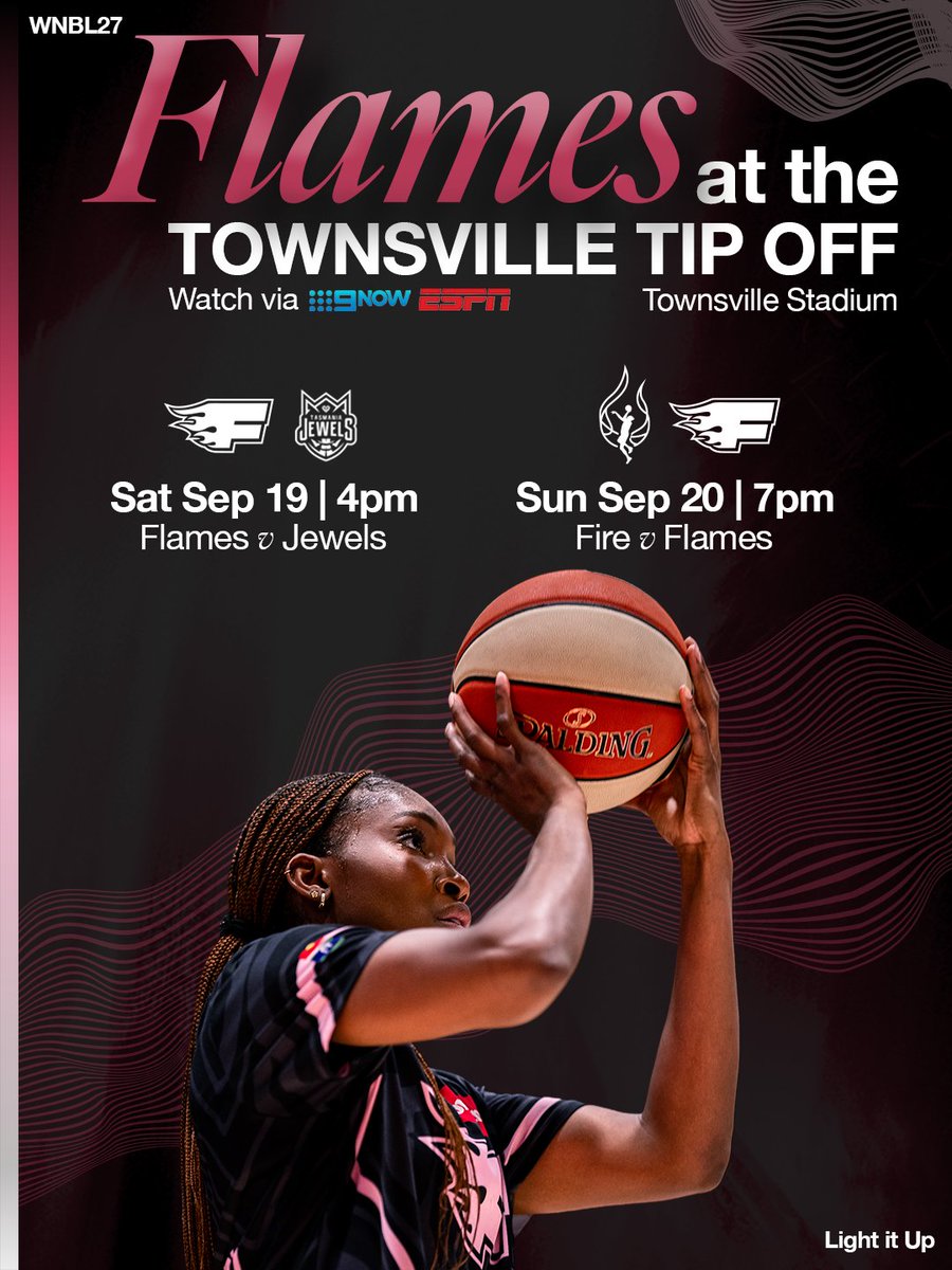 TheSydneyFlames's tweet photo. The Townsville Tip Off is here! ๐ซ
Here's your first chance to watch our Flames in action ahead of #WNBL27
โ๏ธ Game One v Jewels: Saturday at 4pm
โ๏ธ Game Two v Fire: Sunday at 7pm
You can watch live via 9Now or ESPN on Disney+!
#WNBL27 #lightitup https://t.co/gnCOnaijKU