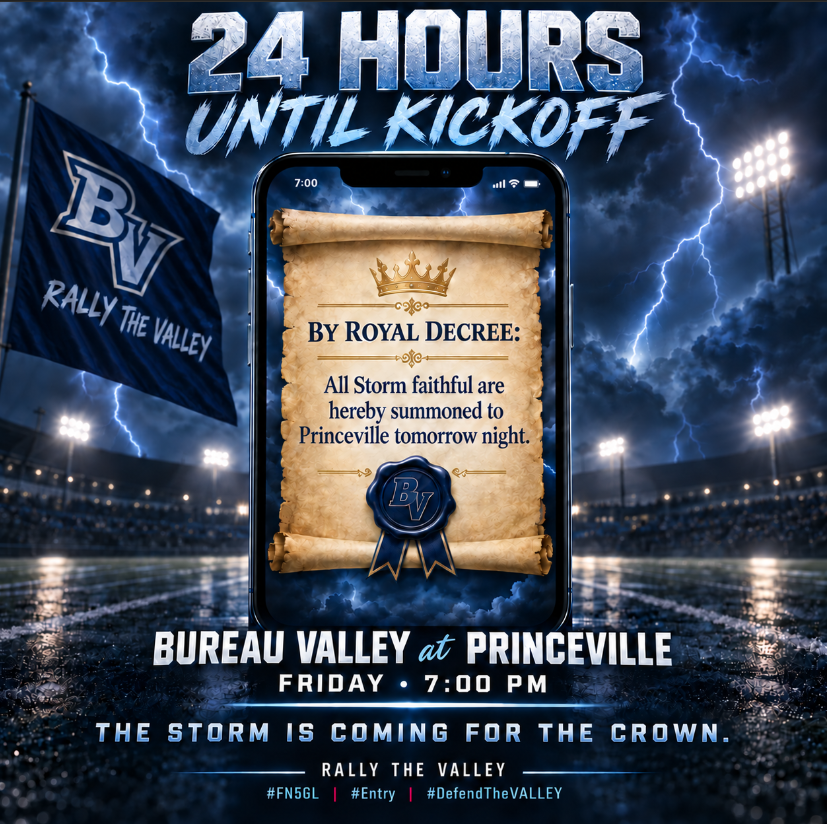 BVHS340's tweet photo. 24 HOURS UNTIL FRIDAY NIGHT LIGHTS! ⚡️

BY ROYAL DECREE… THE STORM HAS BEEN SUMMONED! 

Tomorrow, BV hits the road for Princeville!
🏈 BV at Princeville
🕖 Friday | 7 PM

The countdown is ON and the Storm is rolling in!

#DefendTheVALLEY #Entry #FN5GL @tmobile @bvhs340 https://t.co/IDdDDZTorJ