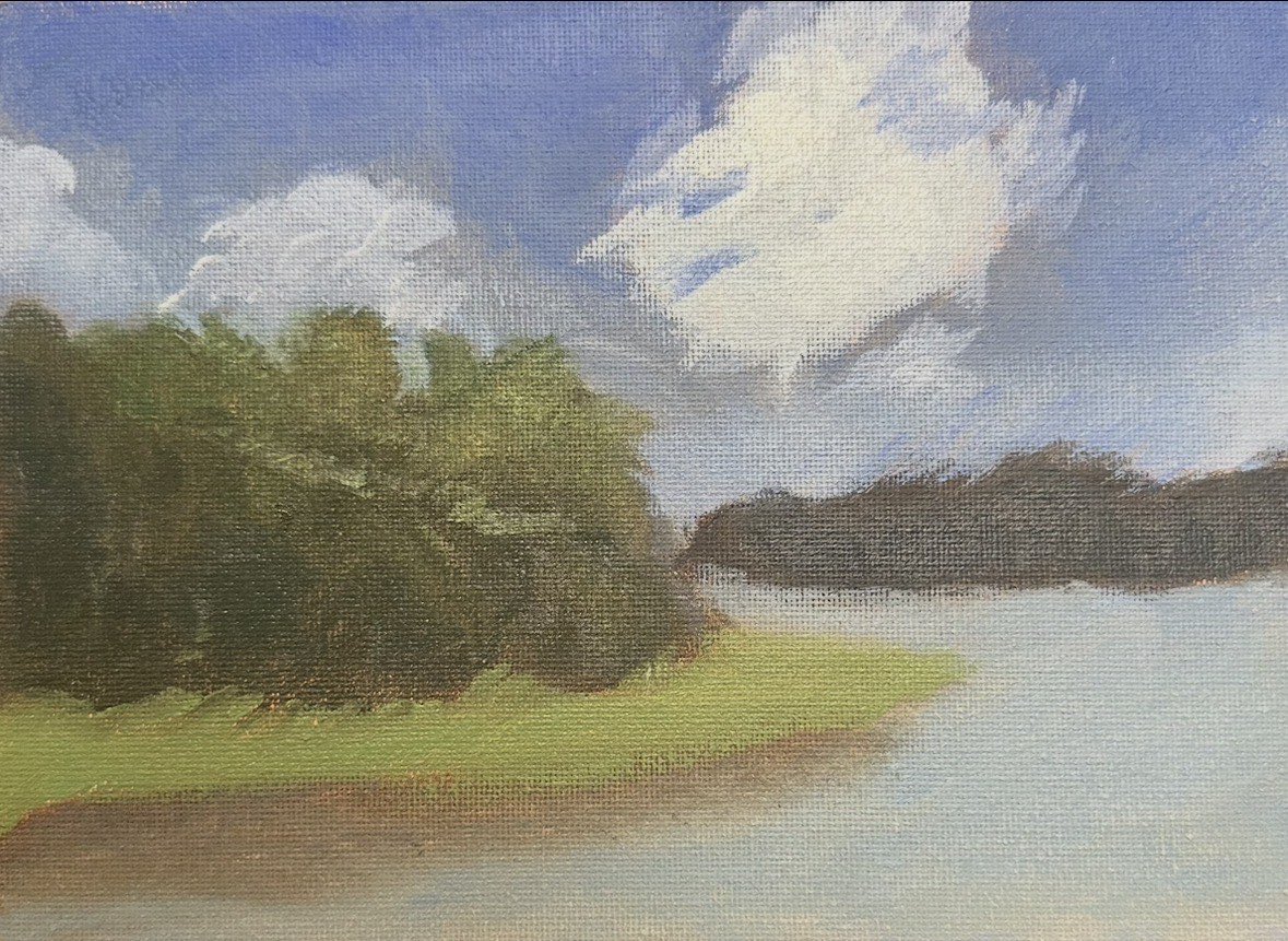 jjinxart's tweet photo. Trees near Eufala. I would call this my first successful painting. It was my first time painting on a wood panel (very nice). Everything came out nicely, my color mixing was better, and I wasn’t accidentally removing paint instead of adding it. I’m getting the hang of it! https://t.co/xAAPNCLuBG