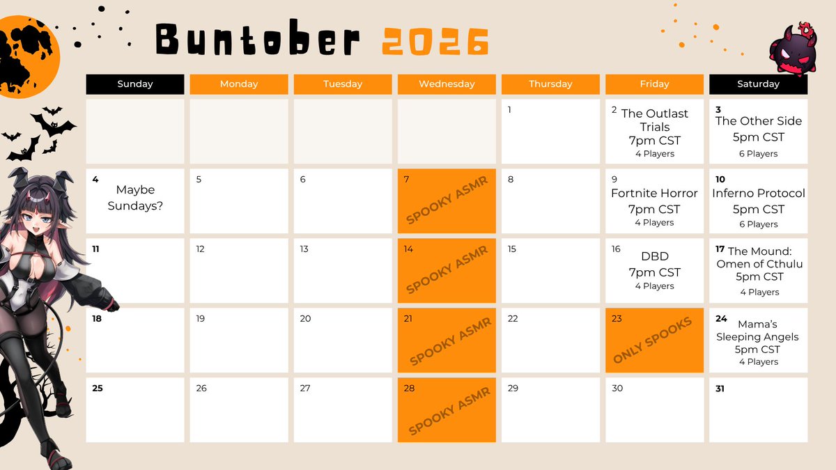 SadBunniVA's tweet photo. ATTENTION ALL MOOTS: Introducing Buntober!

I will be hosting multiplayer horror games every Friday and Saturday of October except for the 23rd, 30th, and 31st. I have made a sign up sheet for y'all that are interested just dm me and I will send you the link to the sign up sheet! All stream times will be when I normally start stream (though time can be negotiated if need be). If a lot of people are interested I am thinking about adding Sunday's as well. Hope to get spoopy with y'all!