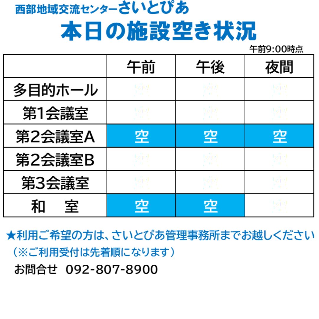 saitopia_tw's tweet photo. 【施設空いています！】
本日（9月18日）のさいとぴあの空き状況です。（午前9時時点）
ホール・会議室は2人から会議・勉強などにご利用いただけます。
（先着順）
お問合せ：さいとぴあ管理事務所　092-807-8900 
#さいとぴあ #勉強 #学習スペース #九大学研都市 #貸会議室 #福岡市西区 https://t.co/YyHbktywsx