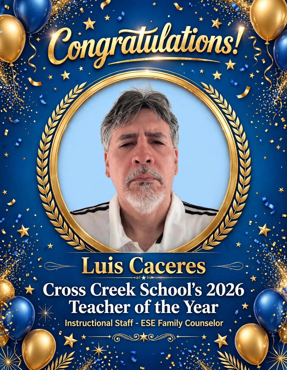 crosscreekbcps's tweet photo. Congratulations to Luis Caceres, Cross Creek School's 2026 Teacher of the Year (Instructional Staff - ESE Family Counselor)! Thank you for supporting our students and families with compassion and dedication. 
#bcpscentralregion
#ChooseTheBestChooseBCPS
#BCPSTeacherOfTheYear2026 https://t.co/S5bK6aPvig