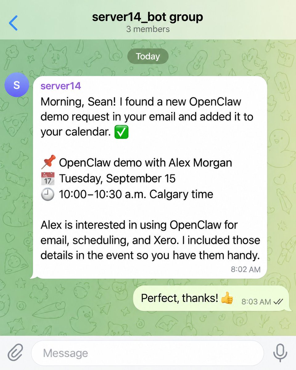 8Examples's tweet photo. My OpenClaw has a morning routine: check my inbox for calendar invitations and add them to my calendar. 📬📅

One less thing for me to remember, open, and process manually. I like giving my assistant these recurring jobs. Each one takes a little admin off my plate, and together they make the day easier. While I’m getting started, OpenClaw is getting my calendar sorted. ☕