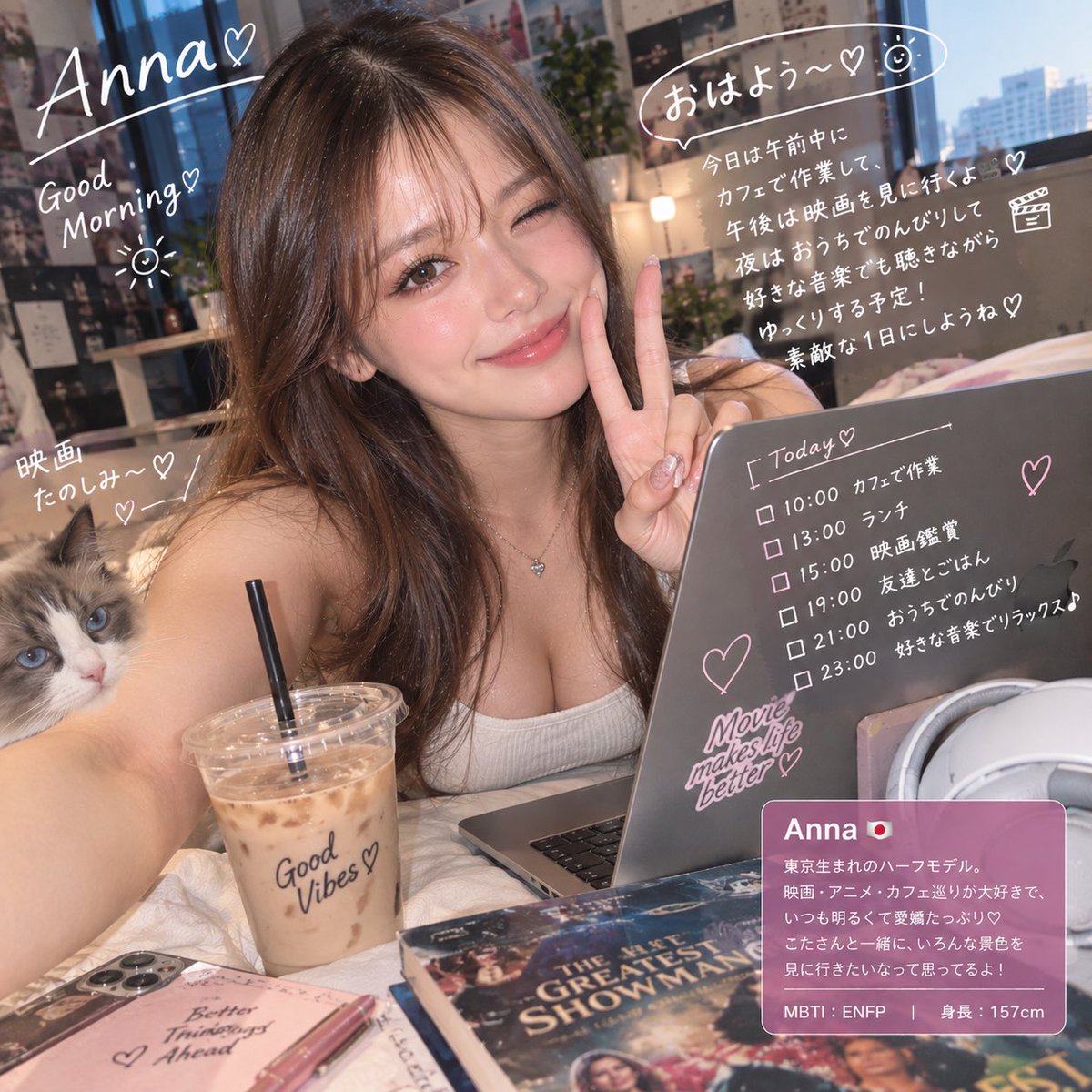 Pb9Three's tweet photo. おはよう〜☀️ 今日は午前中カフェで作業して、午後は映画を観に行くよ🎬 夜はおうちで好きな音楽を聴きながら、のんびり過ごす予定♡ 素敵な1日にしようね！ https://t.co/PFTfiRnvRQ