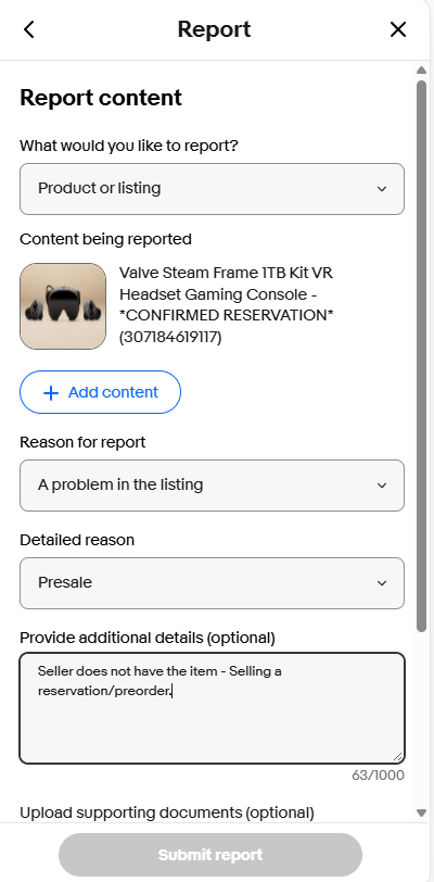 Kadentheavali's tweet photo. If you see someone trying to scalp a steam frame on ebay right now, REPORT IT!!!!

It's impossible for them to have one, so all of them are HUGE scam risks, and take up slots from the people who actually want the headset.
Presale also breaks ebay TOS.

For example: https://t.co/Xnpqdts4YJ