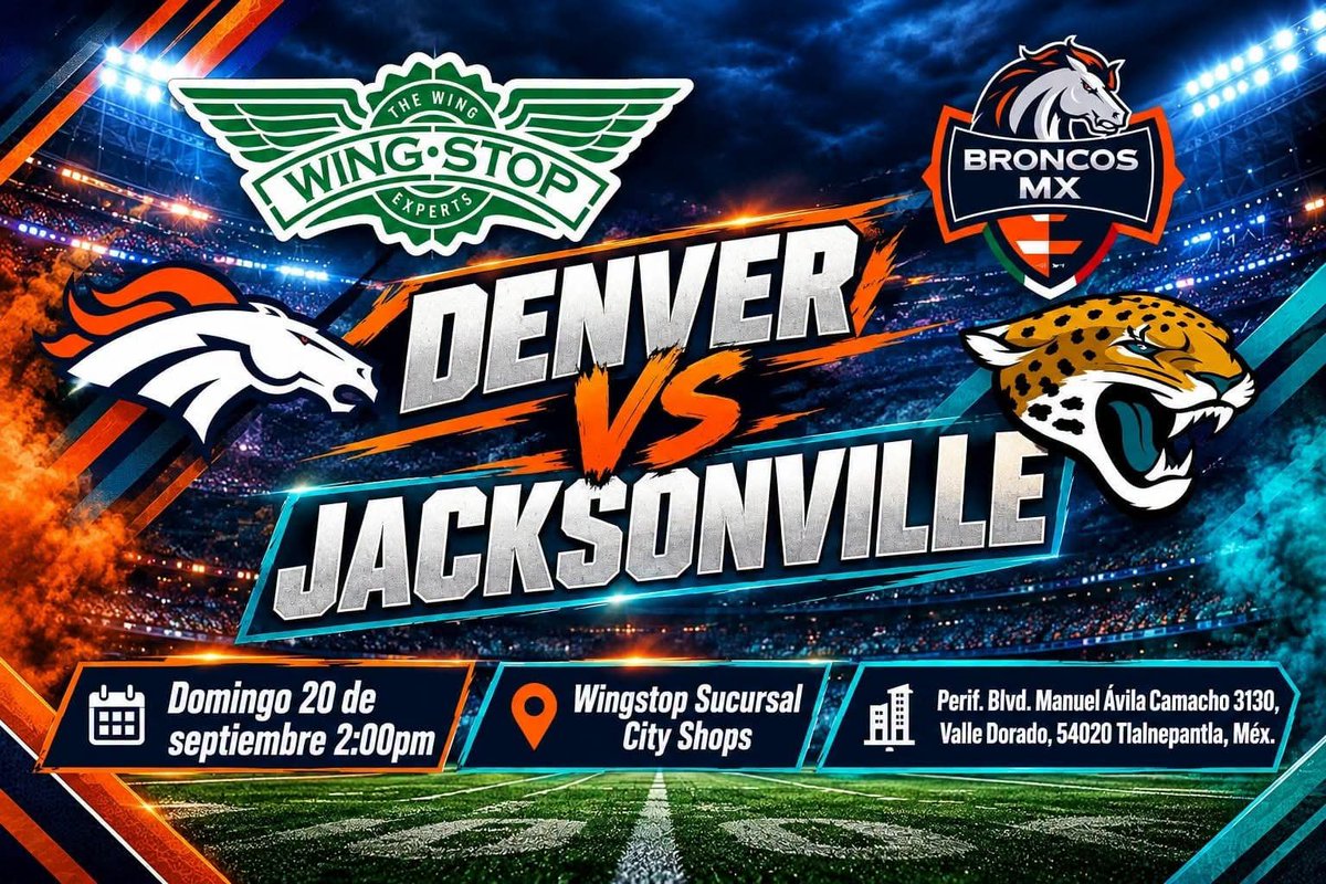 FanBroncosMx's tweet photo. Amigos de la #CDMX y #EdoMex nos vemos el domingo 20 de septiembre a las 2:00pm para ver el juego vs JACKSONVILLE en cualquiera de nuestras dos sedes: Wingstop sucursal City Shops Valle Dorado o PJ'Sport Bar.

En ambas sedes habrá rifas de souvenirs de Denver y la oportunidad de participar en la macrorifa de fin de año.

Los esperamos para apoyar juntos a nuestros Broncos de Denver en este partido tan importante.
VAMOS BRONCOS!!!! #MexicoEsBroncosCountry
#BroncosCountrymx #broncoscountrymx