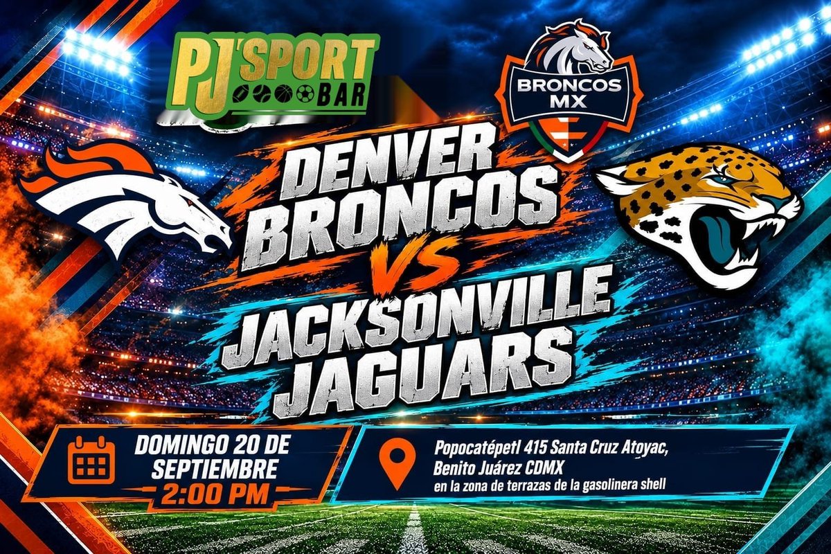 FanBroncosMx's tweet photo. Amigos de la #CDMX y #EdoMex nos vemos el domingo 20 de septiembre a las 2:00pm para ver el juego vs JACKSONVILLE en cualquiera de nuestras dos sedes: Wingstop sucursal City Shops Valle Dorado o PJ'Sport Bar.

En ambas sedes habrá rifas de souvenirs de Denver y la oportunidad de participar en la macrorifa de fin de año.

Los esperamos para apoyar juntos a nuestros Broncos de Denver en este partido tan importante.
VAMOS BRONCOS!!!! #MexicoEsBroncosCountry
#BroncosCountrymx #broncoscountrymx