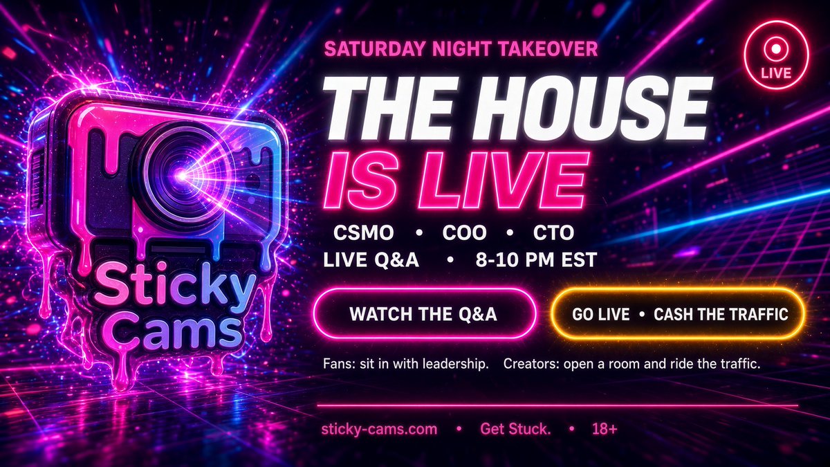 sticky_cams_amb's tweet photo. Leadership hops on cam Saturday 8–10 PM EST.
Not a scripted panel. CSMO, COO, and CTO taking live questions about the platform, payouts, and what’s next. #GetStuck #StickyCams #CamLife https://t.co/9vN5h850y5