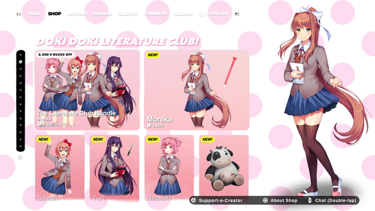 Track_Slasher's tweet photo. HELLOHI EPIC GAMES !! I’m just saying…with Fortnitemares coming up; NOW.maybe a good time to add DDLC into the game… 👀🥹

( Quick shop concept made by me !! :]💙 ) https://t.co/qRpuOemMRX
