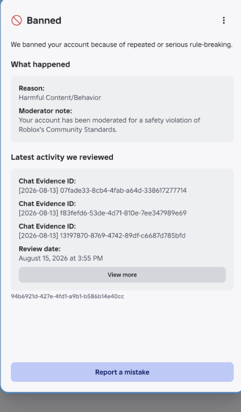 sentrygone's tweet photo. 🚨 WARNING IF YOU PLAY ROBLOX READ BELOW 🚨 
Roblox is having a MASSIVE false positive AI ban wave which is affecting tens of thousands of Roblox players worldwide. Be extremely careful with what you say, even what you think is allowed could get flagged, for example, I've seen the word "dollhouse" get hundreds of people banned for "terrorism/extremism" 
I personally have lost $25,000+ worth of robux, limiteds, and other items from my accounts collectively. I was banned for harmful content/behavior and given 3 chat evidence IDs that tell me nothing about why I was banned. Upon emailing their support for more information, I learned it was allegedly voice chat related and child endangerment. What's contradictory though here is that Roblox displayed three chat evidence IDs for my ban, but then claimed that it was actually voice chat activity in the following email? This is how I know something is wrong. 

Now it's been 32 days since I've been banned, not yet have I received a response to my initial in app appeal, or a human response which I've asked for numerous times in support tickets. The appeal window is now "closed" and I'm left stranded, and so are tens of thousands of others who share the same fate as me yet aren't on X posting about it. 

My username is S3NTRYGUN, please help @Roblox I do not want to miss the 20th Anniversary event items, and so don't many others
@Roblox @RobloxCreators @Roblox_RTC #roblox #robloxban #robloxbanwave @KreekCraft