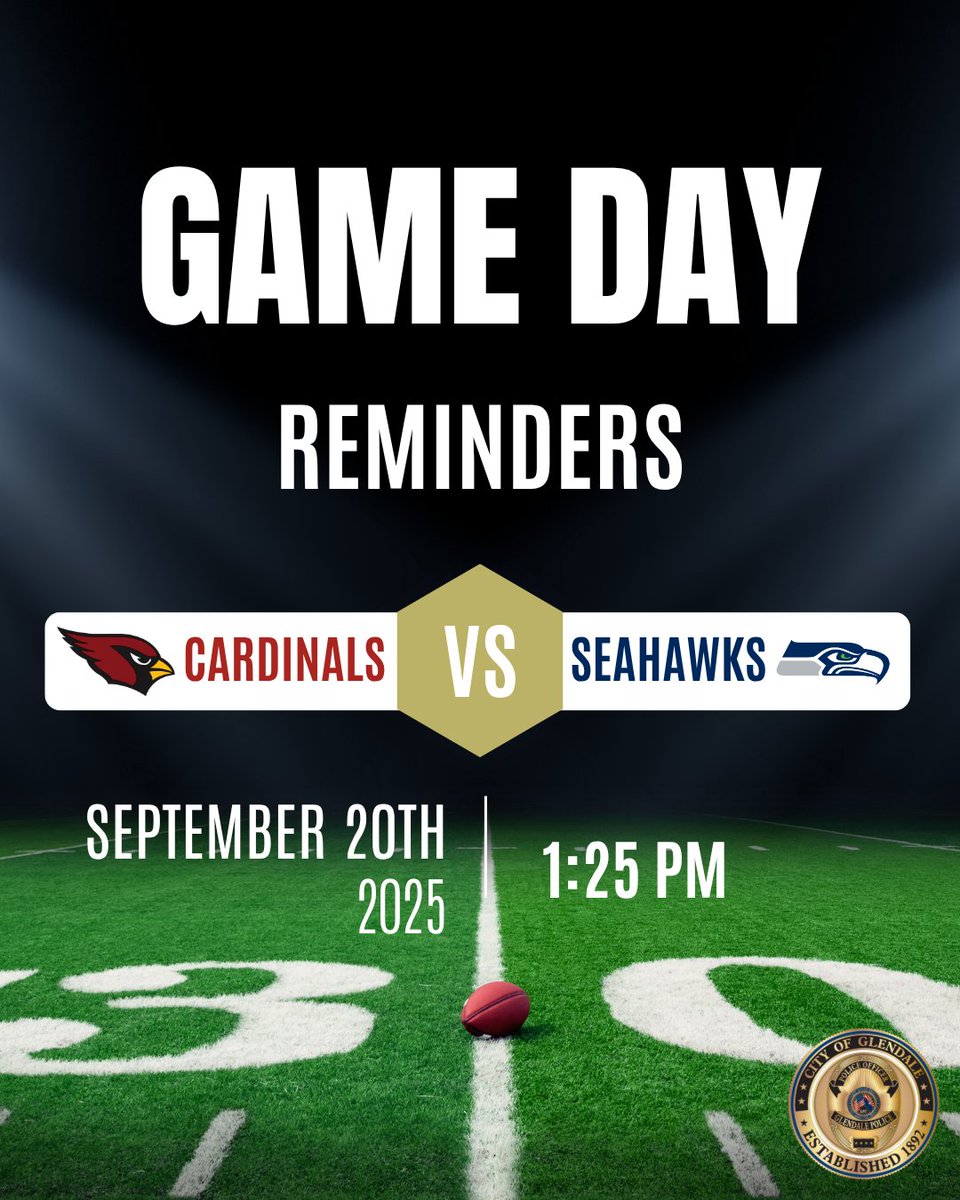 GlendaleAZPD's tweet photo. 🏈 This Sunday, Sept 20th, at 1:25 PM, catch the @Seahawks vs. @AZCardinals at @StateFarmStdm!🚦GPD will be directing traffic for a smooth game day. Check out the parking map &amp; scan the QR code for more info. Plan ahead and arrive early! #GlendaleAZPD #BeGPD https://t.co/CfuGkCoDVd