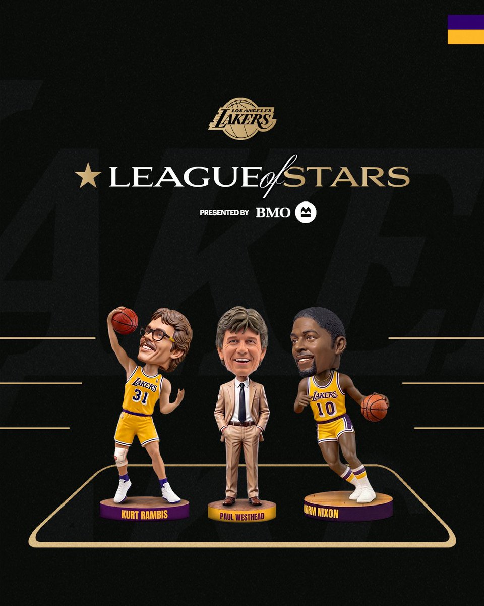 Lakers's tweet photo. Three Lakers legends. Three nights. Three bobbleheads. ⭐️
️
League of Stars celebrates Kurt Rambis, Paul Westhead and Norm Nixon. Be there to collect them all!

Presented by @BMO_US | Get tickets here: https://t.co/DXLwAfYFr1 https://t.co/yTHJg8qyoK