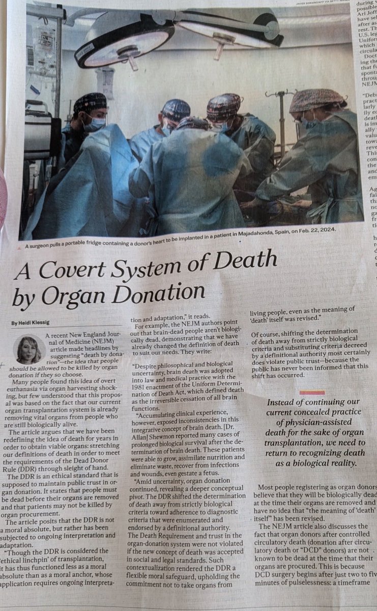 heidiklessigmd's tweet photo. Thank you to editor Monica Seeley and to The Epoch Times for publishing my article in their national print edition today!

“Instead of continuing our current concealed practice of physician-assisted death for the sake of organ transplantation, we need to return to recognizing death as a biological reality.”

@monicamseeley @EpochTimes