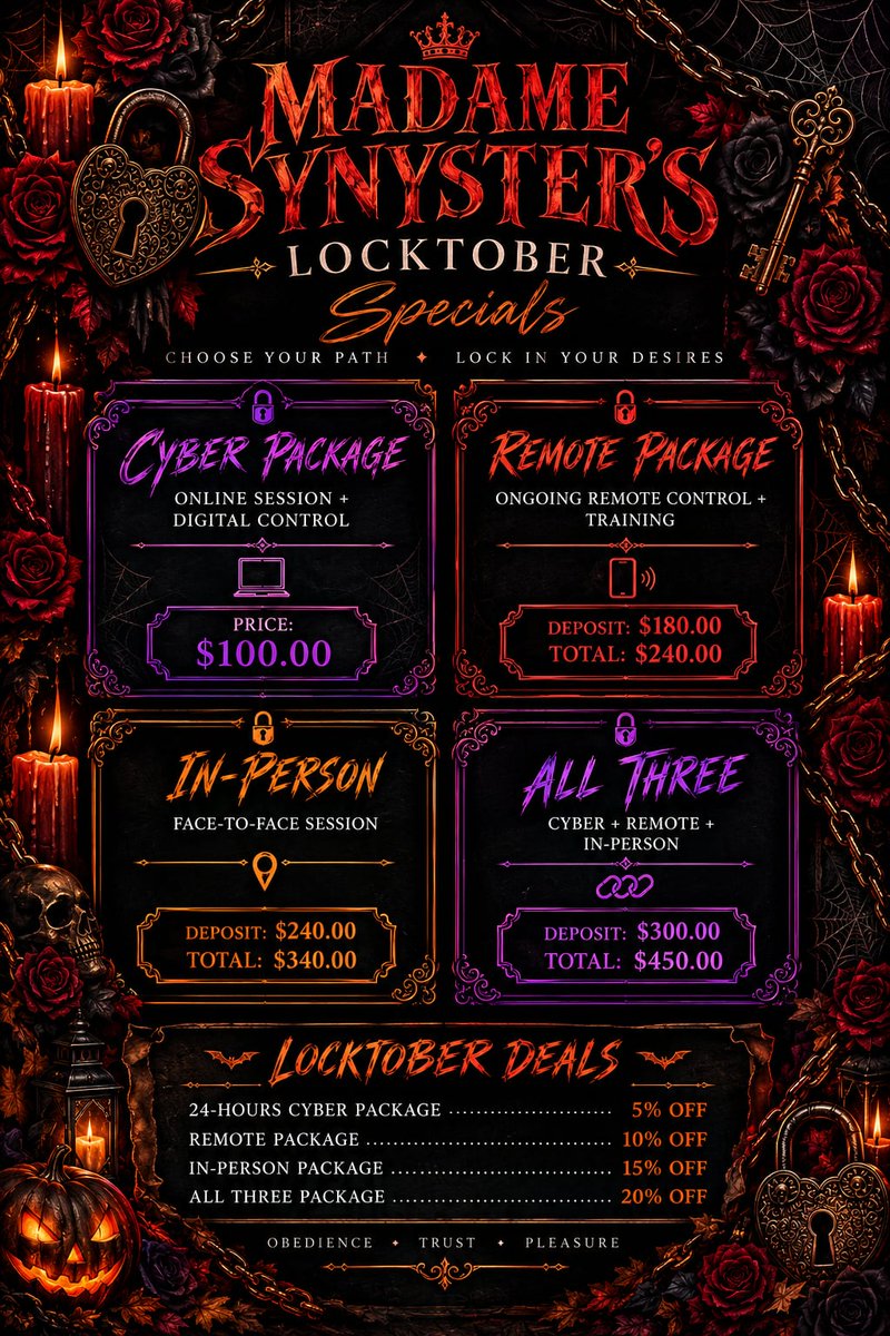 madamesynyster's tweet photo. It's almost #locktober time! 🔐🎃

#caged #chasity #lockandkey #october #halloween #falltime #autumn #mistress #madame #goddess #femdom #domme #gothmommy #mommydomme https://t.co/PsvdJU4Mv4