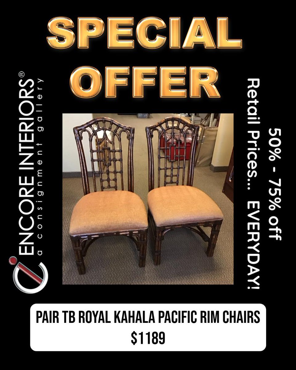 EliciaNass's tweet photo. Bring resort-style island luxury home with this pair of Tommy Bahama Royal Kahala Pacific Rim chairs. Intricately carved faux-bamboo frames and plush upholstery blend tropical warmth with upscale sophistication. Set of two: $1, 189. A rare find https://t.co/GGfwzkB21h
