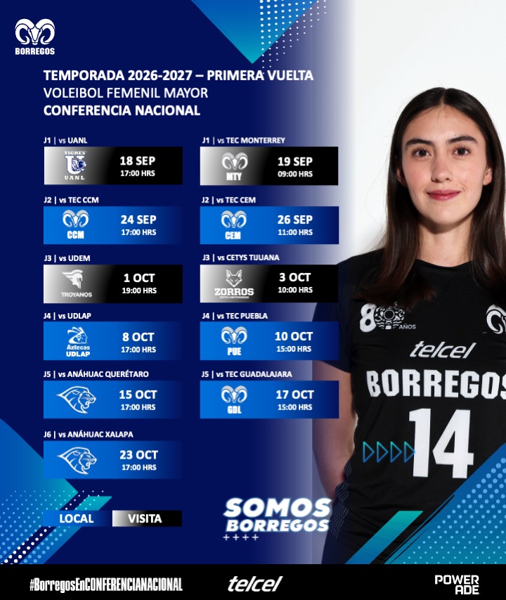 BorregosQRO's tweet photo. 🏐Te presentamos el calendario de nuestro representativo de Voleibol Femenil Mayor para este semestre, en la Conferencia Nacional CONADEIP. 🔥💙

#VamosBorregos #BorregosQRO #SomosBorregos #BorregosEnConferenciaNacional
@TECcampusQRO https://t.co/a70oSyt0k3