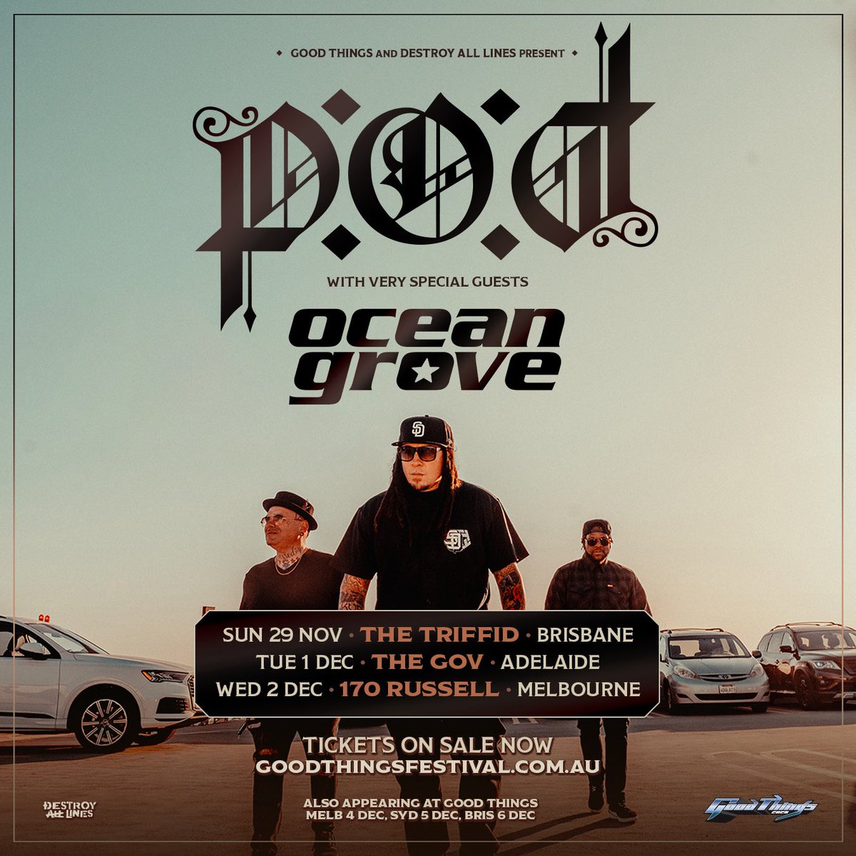 POD's tweet photo. 🇦🇺 AUSTRALIA… TICKETS ARE ON SALE NOW!

Tickets for our Good Things sideshows with very special guests @oceangrove are available NOW! 🔥

Tickets and VIP Packages Available HERE🤘🏽
https://t.co/V7Apb6L1Vo

#POD #GoodThingsFestival #OceanGrove #Australia https://t.co/jS3x1lAH9I