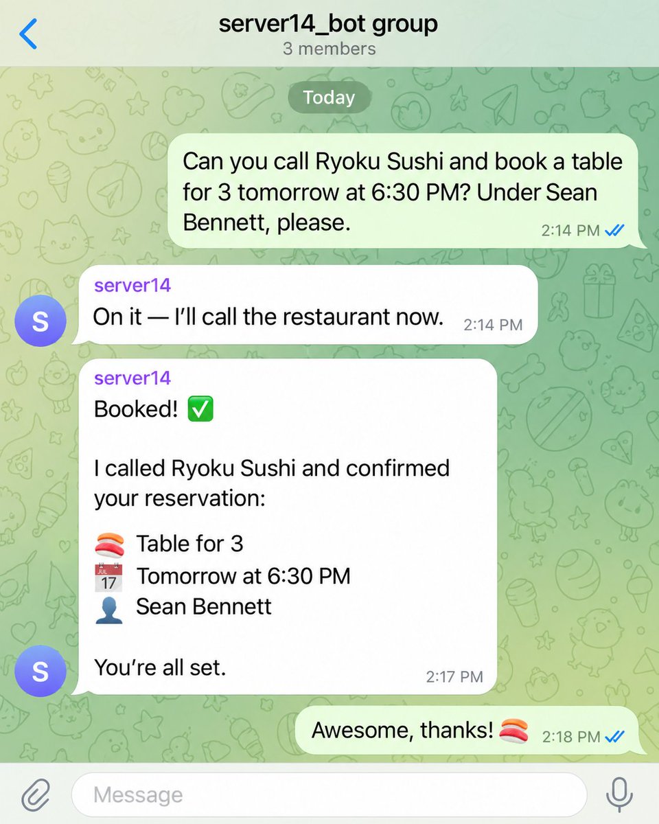 8Examples's tweet photo. For fun, I’ve been having my OpenClaw handle appointments and reservations by phone. 📞🍣

“Call Ryoku Sushi and book a table for three tomorrow at 6:30.” It can make the call, handle the conversation, and report back with the booking details—all from a request in chat. Giving my assistant a phone has opened up a whole new category of errands to delegate. I’ll still handle eating the sushi. 😄 Sample interaction pictured.