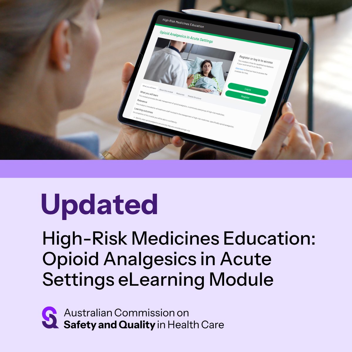 ACSQHC's tweet photo. The Commission has published the updated #Highriskmedicineseducation: Opioid Analgesics in Acute Settings eLearning module.

Access the resources and learn more: https://t.co/81OD4ztOlA #patientsafety #medicationwithoutharm https://t.co/T0aqGuapsi