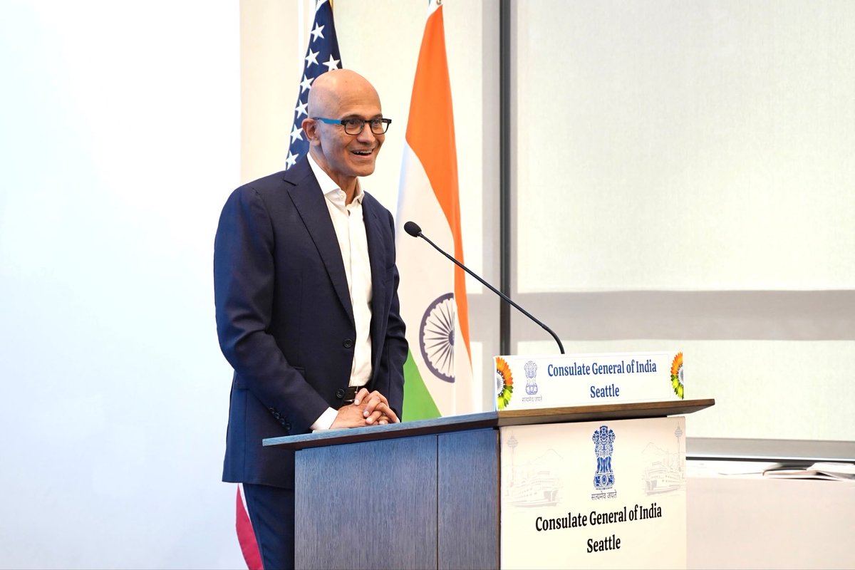 IndiainSeattle's tweet photo. IDEAS4INDIA: Celebrating the Tech Titans of Seattle!

Satya Nadella, Chairman and CEO of Microsoft, along with Ambassador Vinay Kwatra, engaged with leading Indian-American tech CEOs, founders and innovators at the 1st IDEAS4INDIA: Unlocking the Tech Dividend Forum in Seattle.

Seattle’s foremost technology leaders shared ideas and perspectives on innovation, talent and opportunities that can contribute to India’s AI journey and strengthen India-US Tech partnership.

More details: https://t.co/PtiPn2Nsv8

@AmbVMKwatra 
@MEAIndia 
@IndianEmbassyUS 
@PMOIndia 
@DrSJaishankar 
@GoI_MeitY 
@AshwiniVaishnaw 
@ANI 
@DDNewslive 
@PTI_News 
@VikramMisri 

🧵(1/2)