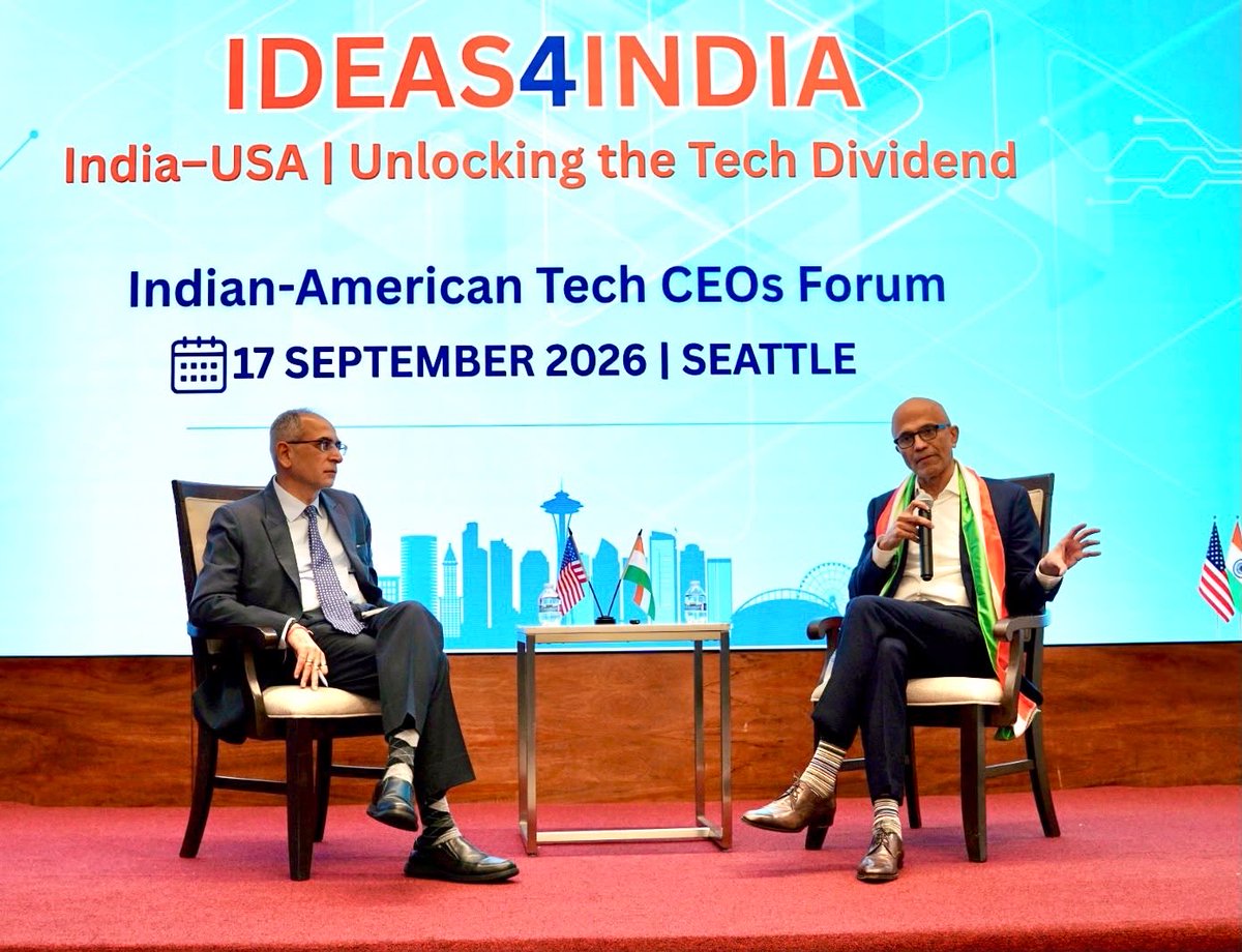 IndiainSeattle's tweet photo. IDEAS4INDIA: Celebrating the Tech Titans of Seattle!

Satya Nadella, Chairman and CEO of Microsoft, along with Ambassador Vinay Kwatra, engaged with leading Indian-American tech CEOs, founders and innovators at the 1st IDEAS4INDIA: Unlocking the Tech Dividend Forum in Seattle.

Seattle’s foremost technology leaders shared ideas and perspectives on innovation, talent and opportunities that can contribute to India’s AI journey and strengthen India-US Tech partnership.

More details: https://t.co/PtiPn2Nsv8

@AmbVMKwatra 
@MEAIndia 
@IndianEmbassyUS 
@PMOIndia 
@DrSJaishankar 
@GoI_MeitY 
@AshwiniVaishnaw 
@ANI 
@DDNewslive 
@PTI_News 
@VikramMisri 

🧵(1/2)