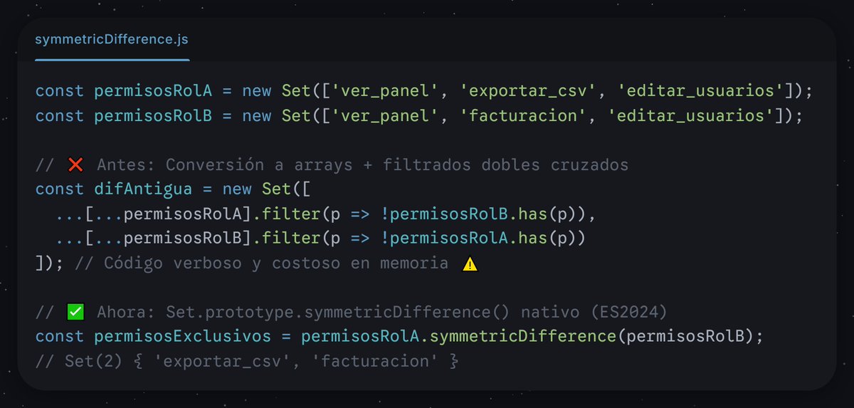 tocantodev's tweet photo. ¿Aún haces doble .filter() con arrays para calcular diferencias simétricas en JS? 🚫
Conoce Set.prototype.symmetricDifference() (ES2024): extrae elementos no compartidos en 1 sola línea. 👇⚡
#JavaScript #WebDev #React #CleanCode https://t.co/ubav0UHrgB