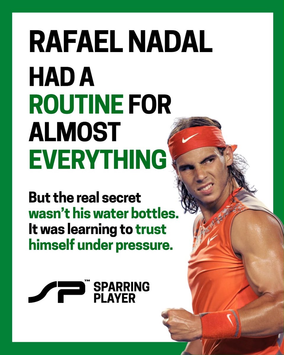 PlayerSparring's tweet photo. Rafael Nadal’s success wasn’t just about talent. His disciplined routines, mental strength and ability to stay composed under pressure helped shape his legendary career. 

What routine helps you perform at your best?

#RafaelNadal #Tennis #Mindset #Discipline #MentalStrength https://t.co/aBmtZUV596