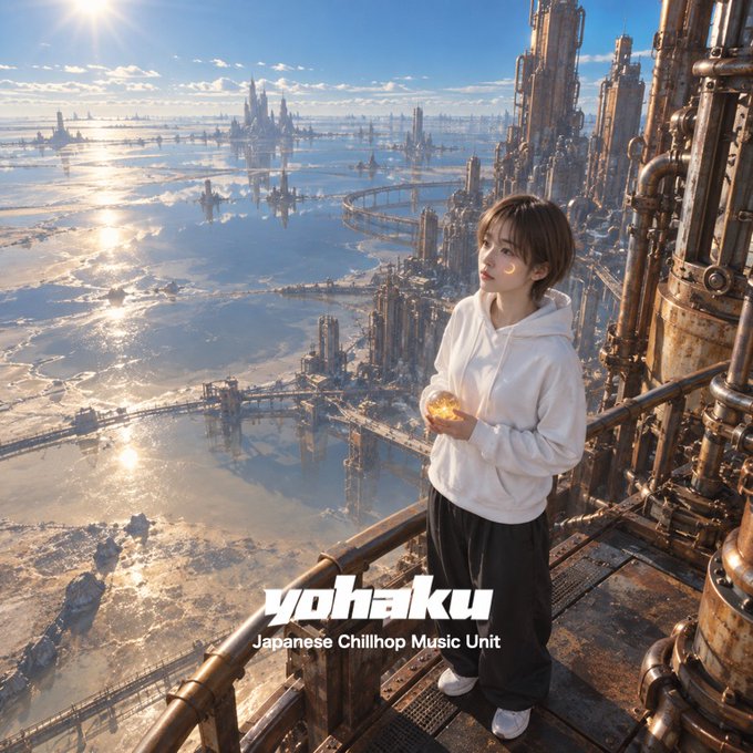 An album cover featuring a child in a white hoodie holding a glowing object, standing on industrial structures overlooking a futuristic landscape with floating cities; text reads 'yohaku Japanese Chillhop Music Unit'.