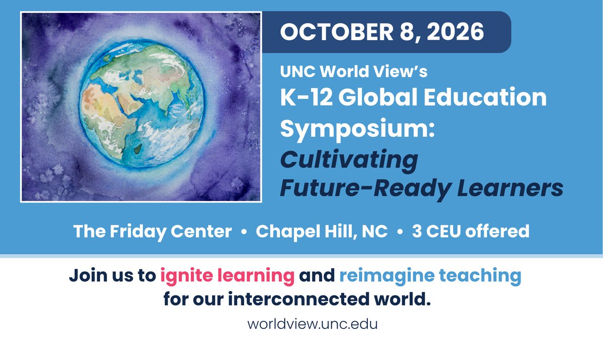 NCCSS's tweet photo. UNC World View's K-12 Global Education Symposium: Cultivating Future-Ready Learners
Oct. 8, 2026 from 9am to 4pm
The Friday Center, Chapel Hill

Register here: https://t.co/l4nhjpmAAD https://t.co/kQnrYseGTB