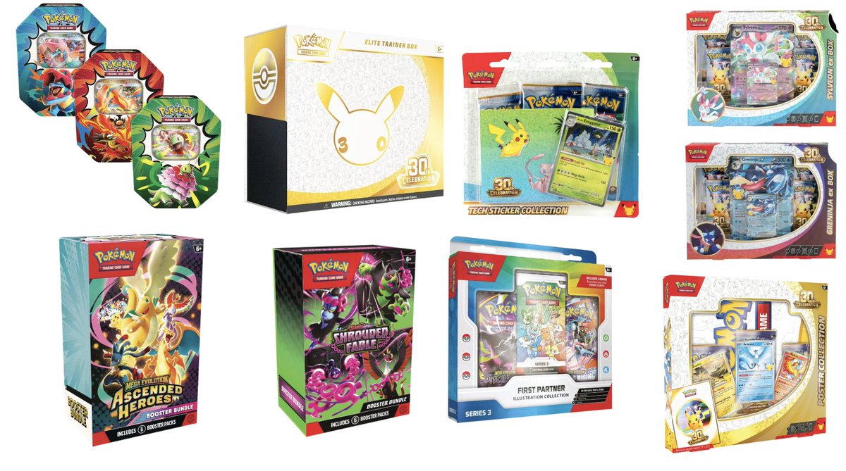 PokemonRestockr's tweet photo. Target Pokémon Stock Update 🎯✨

A TON of stock just loaded/restocked on the backend:

✨ 30th Celebration ETB 50K+
https://t.co/wzRZYg5Bu4
✨ Ascended Heroes Mega Emboar ex Tin 14K+
https://t.co/ilxusuGZOC
✨ Ascended Heroes Mega Feraligatr ex Tin  14K+
https://t.co/hMMhXQnvD0
✨ Ascended Heroes Mega Meganium ex Tin  14K+
https://t.co/t2naeYfufB
✨ 30th Celebration Greninja ex Box  5K+
https://t.co/wW1Nufwkg3✨ First Partner Illustration Collection Series 3  5K+
https://t.co/tb1zTTRfI2
✨ 30th Celebration Poster Collection 4K+
https://t.co/Jl5N5DMf5P
✨ Ascended Heroes Booster Bundle 1K+
https://t.co/K5MUuvJ7pg
✨ 30th Celebration Tech Sticker Collection <1K
https://t.co/WhdKnIrJuW
✨ Shrouded Fable Booster Bundle <1K
https://t.co/6TYrGu7I7N

Target could be gearing up for another BIG Pokémon restock as always we will post one stock drops🔔

#PokemonTCG #Pokemon #ad