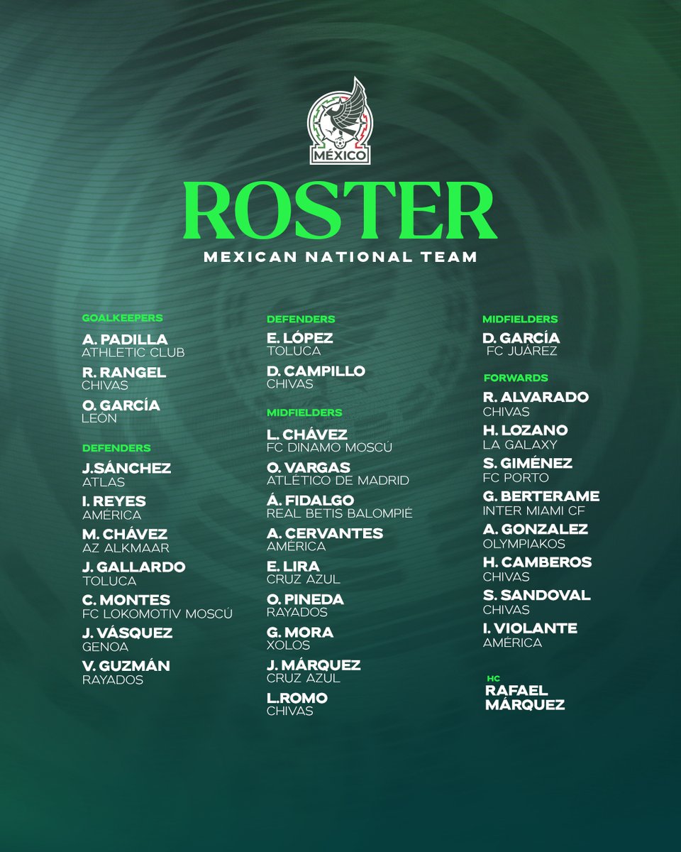 miseleccionmxEN's tweet photo. The road to 2030 starts here! 📍

This is the first squad list announced by our Head Coach, Rafa Márquez. 📋

The journey we started continues. 💚🤍❤️ https://t.co/UcEdV0oJJR