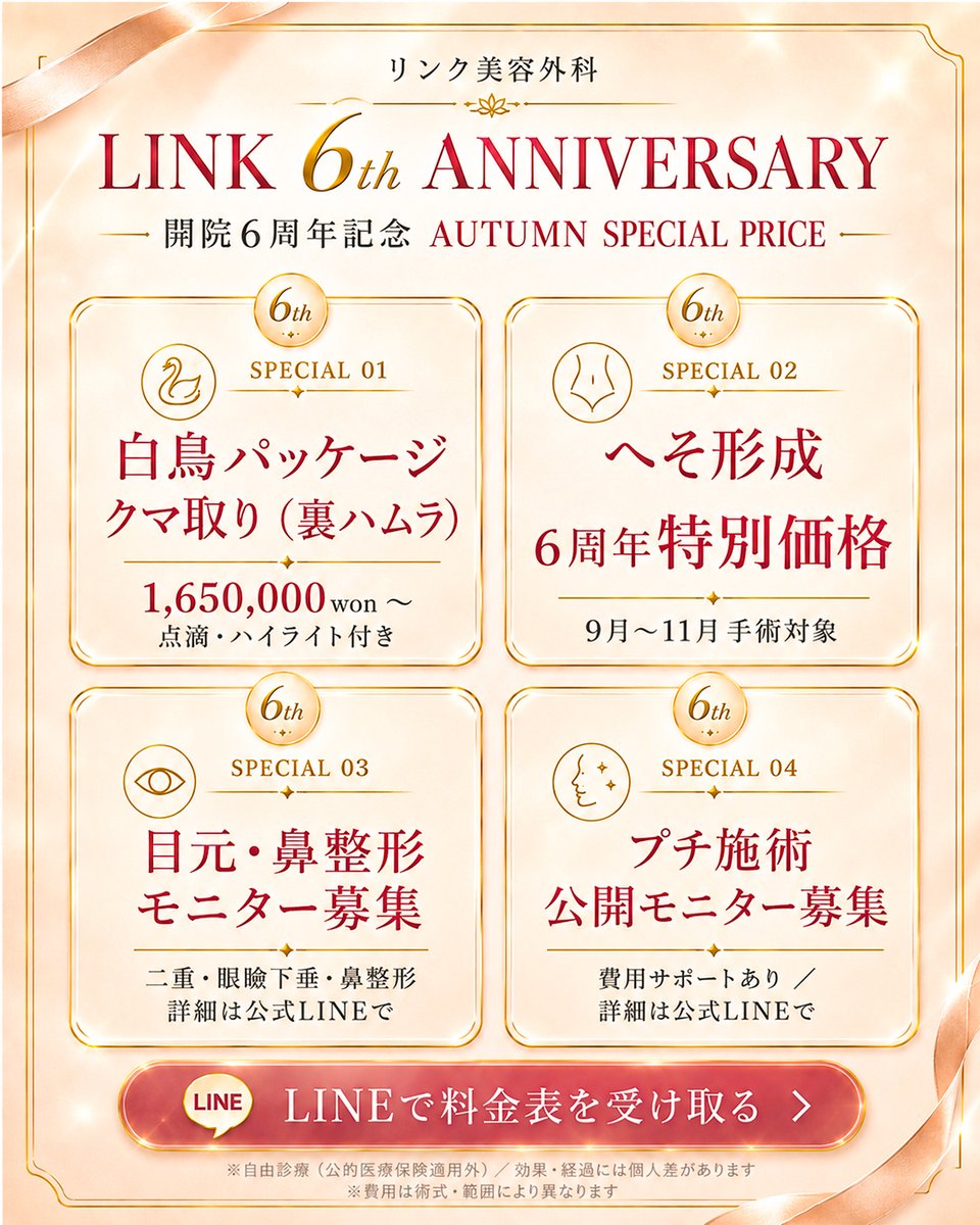 linkpsjp's tweet photo. 韓国・リンク美容整形外科は
安売りで競争するクリニックではありません。

ただ、大事なお金を無駄にさせないよう

✅代表院長のみ施術・手術
✅正規品使用
✅薄目・出力ダウンなど無し（＝定量施術）
✅要らない項目は排除
✅しっかりしたアウターケア

韓国語が分からなくても、
丁寧な日本語通訳スタッフが
来院から退院までずっと付き添って
サポートしておりますため、
安心してお気軽にお問い合わせください💕