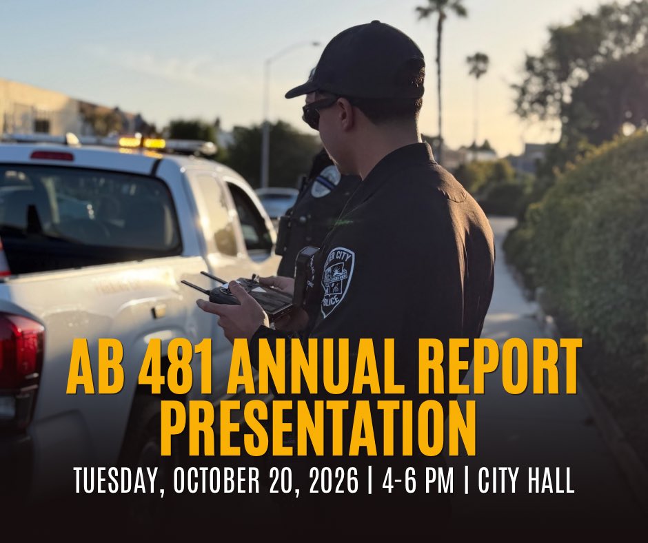 Culver_cityPD's tweet photo. The Culver City Police Department invites the community to attend the presentation of its AB 481 Annual Report.

📅 Tuesday, October 20, 2026
⏰ 4:00 - 6:00 PM
📍 Patacchia Room | Culver City Hall
9770 Culver Boulevard

The full AB 481 Annual Report is available at https://t.co/4sQEg2dGeN.