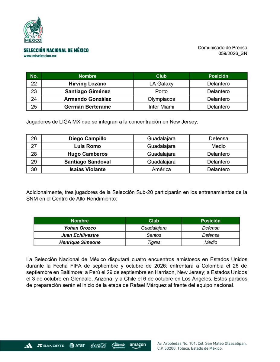 miseleccionmx's tweet photo. Primera convocatoria de Rafael Márquez al frente de la Selección Nacional de México. 🗒️ https://t.co/k5MM9Jfbiw