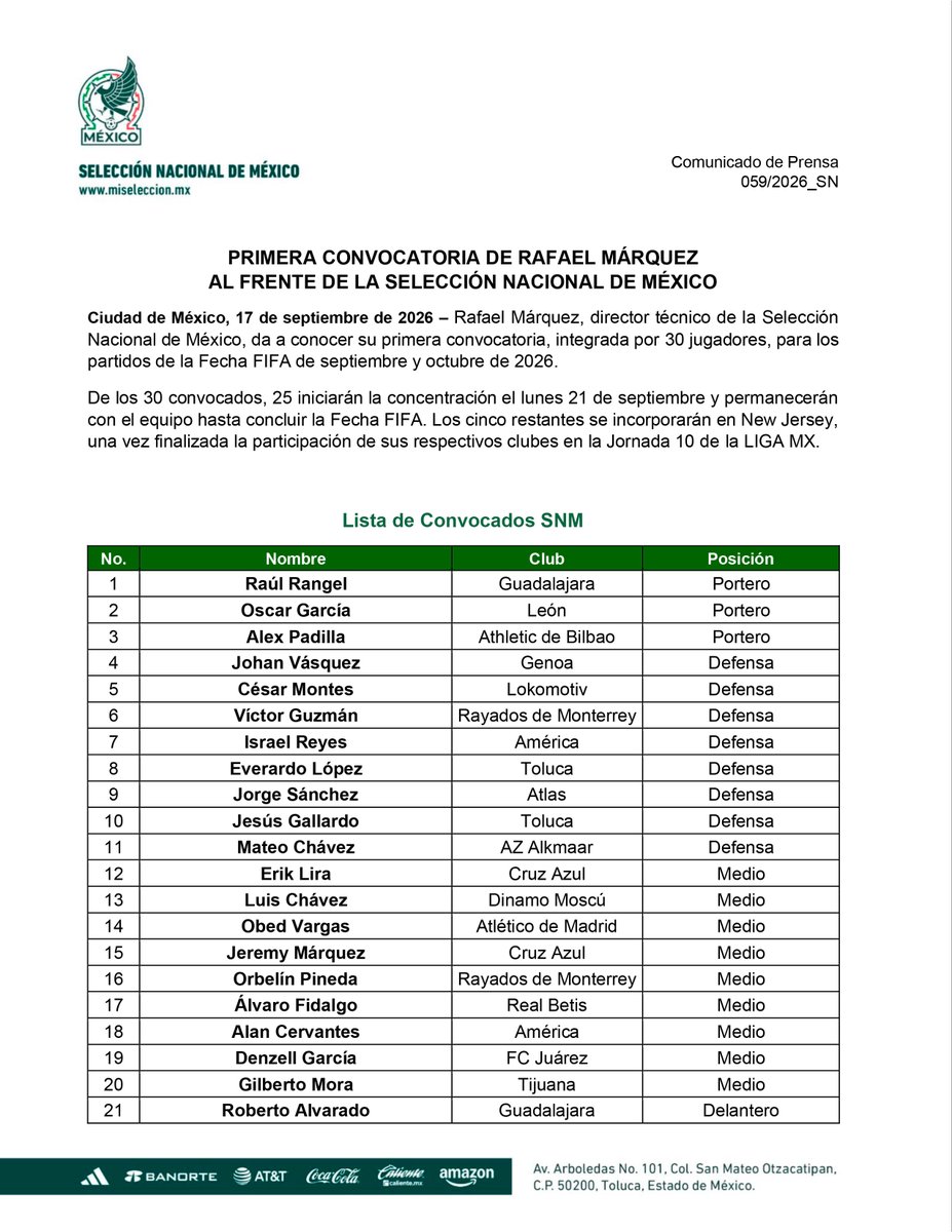 miseleccionmx's tweet photo. Primera convocatoria de Rafael Márquez al frente de la Selección Nacional de México. 🗒️ https://t.co/k5MM9Jfbiw