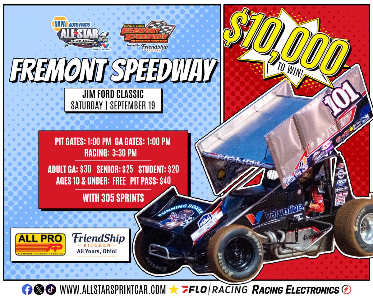 FremontSpeedway's tweet photo. 🚨 UPDATE 🚨 In an effort to make sure we get Saturday's Jim Ford Classic, presented by All Pro Cylinder Heads, Inc. and FriendShip Kitchen, in, we are moving up the times. Gates open at 1 PM. Racing at 3:30 PM. 
📺 @FloRacing | 📲 @MyRacePass https://t.co/uvZvsgcXig