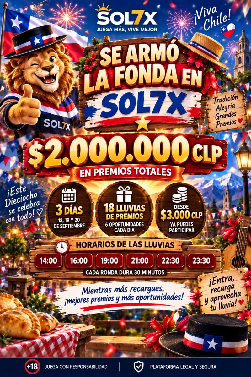 Sol7xcl's tweet photo. 🇨🇱✨ ¡QUE LLUEVA ORO EN SOL7X!

💰 $2.000.000 CLP en premios
🎉 3 días · 18 lluvias
💸 Desde $3.000 CLP
🔥 ¡Mientras más recargues, mejores premios!
📅 18–20 de septiembre

🐳💰 ¡Entra y atrapa tu premio!
SOL7X:  https://t.co/LQQDjF0Bkf

#FiestasPatrias #SOL7X #Chile https://t.co/k7Y2svTdc1