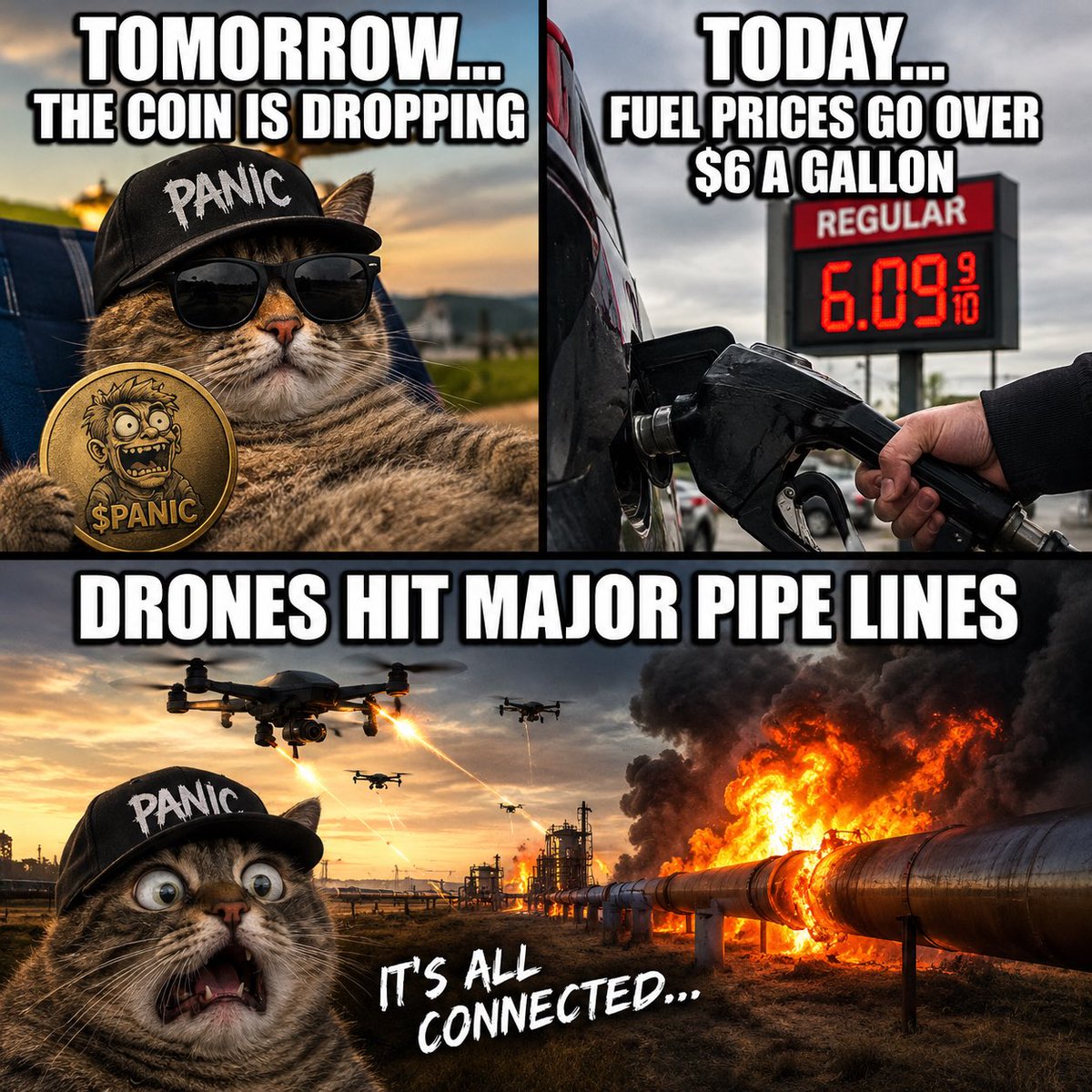 AIPanicCoin's tweet photo. 🚨 EVERYTHING IS FINE. 🚨

Tomorrow: $PANIC DROPS
Today: diesel over $6 ⛽️
Meanwhile: DRONES ARE HITTING PIPELINES 💀

Coin launch timing: COULDN’T BE MORE PERFECT.

The countdown is almost over. The chaos is already here.
$PANIC — because apparently the world wanted a ticker. 🫠

TOMORROW, THE PANIC GOES LIVE.