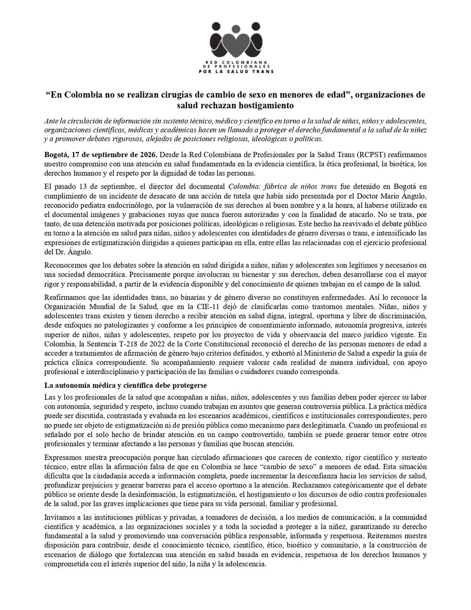 ColombiaDiversa's tweet photo. 📍Pronunciamiento de la Red Colombiana de Profesionales por la Salud Trans📍
"Rechazamos categóricamente que el debate 
público se oriente desde la desinformación, la estigmatización, el hostigamiento o los discursos de odio contra profesionales de la salud". https://t.co/OM945JdDU1