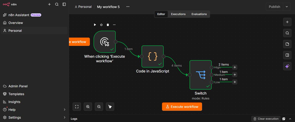 Chevy_12's tweet photo. Day 14 #100DaysOfAutomation
Not every workflow decision is binary.
Today I routed 4 support tickets in n8n using a Switch node:
High → Opeyemi, Sarah
Medium → Daniel
Low → Grace
The key principle:
-IF handles two-way decisions.
-Switch handles multiple defined routes. https://t.co/RNBIxIazsM